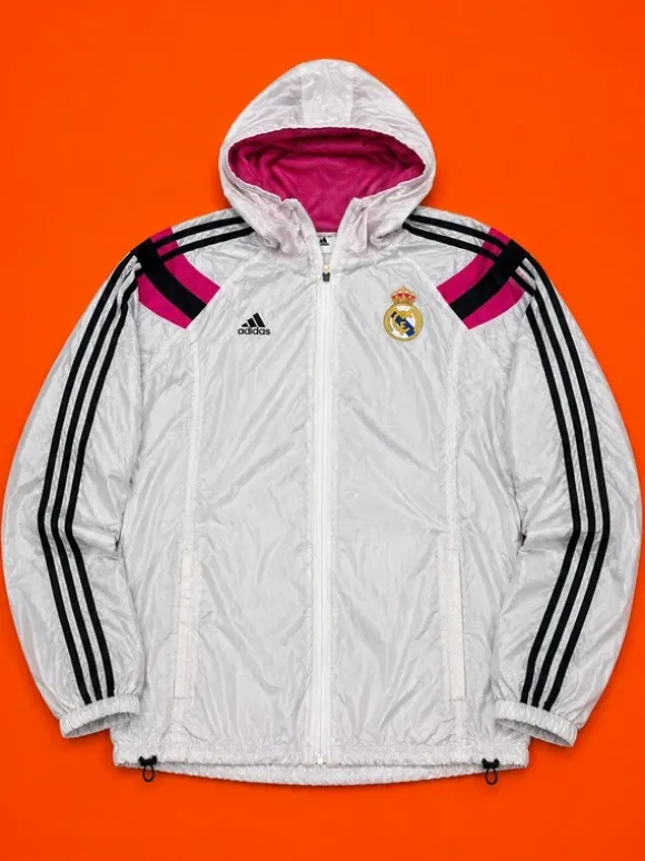 Adidas Real Madrid Windbreaker Jacke Weiß Pink Vintage Y2K Hooded Jacket L
