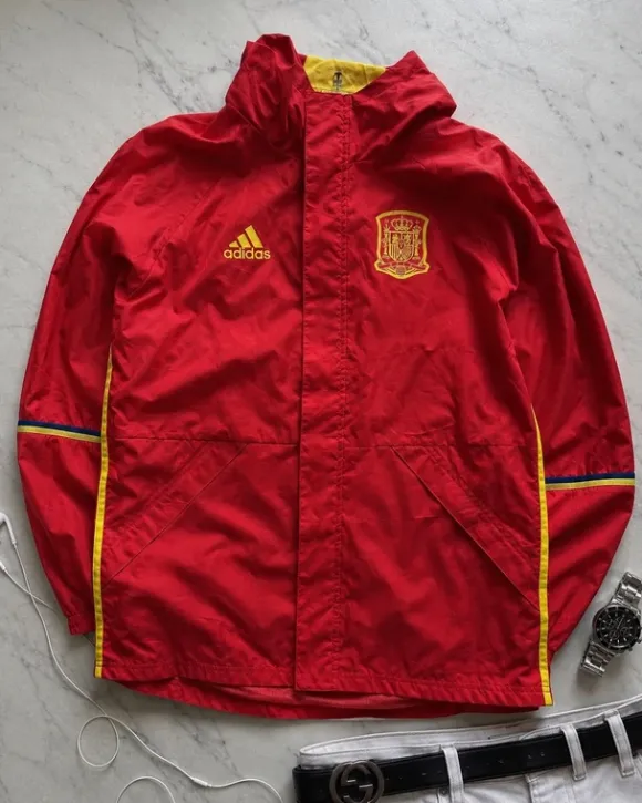 Adidas Spanien Regenjacke Rot Gelb Fußball Windbreaker Vintage Gr. L
