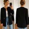 AMISU black collarless longline blazer.