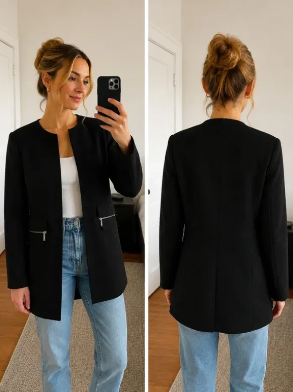 AMISU black collarless longline blazer.
