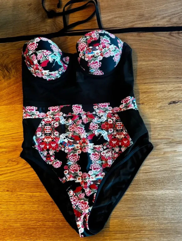 ASOS Swim Badeanzug Mesh Blumenprint Schwarz Gr. 38 B/C