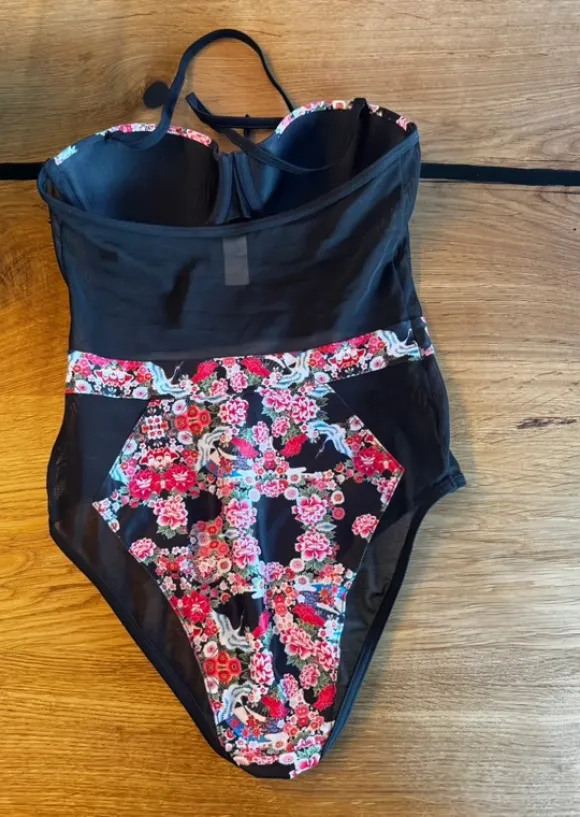 ASOS Swim Badeanzug Mesh Blumenprint Schwarz Gr. 38 B/C