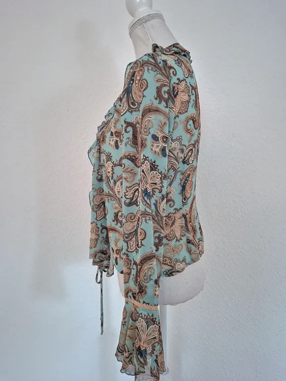 Boho Y2K Style Paisley Mesh Cardigan Bluse/Cover Up mit Rüschen