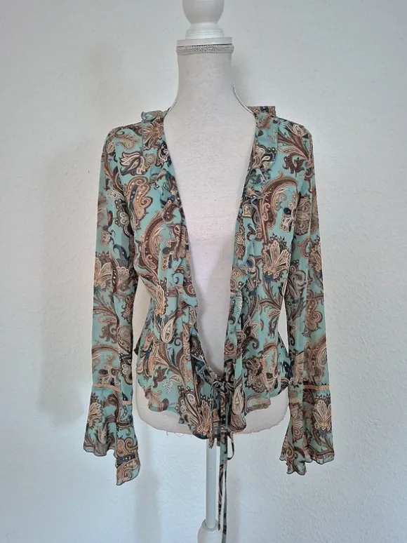 Boho Y2K Style Paisley Mesh Cardigan Bluse/Cover Up mit Rüschen