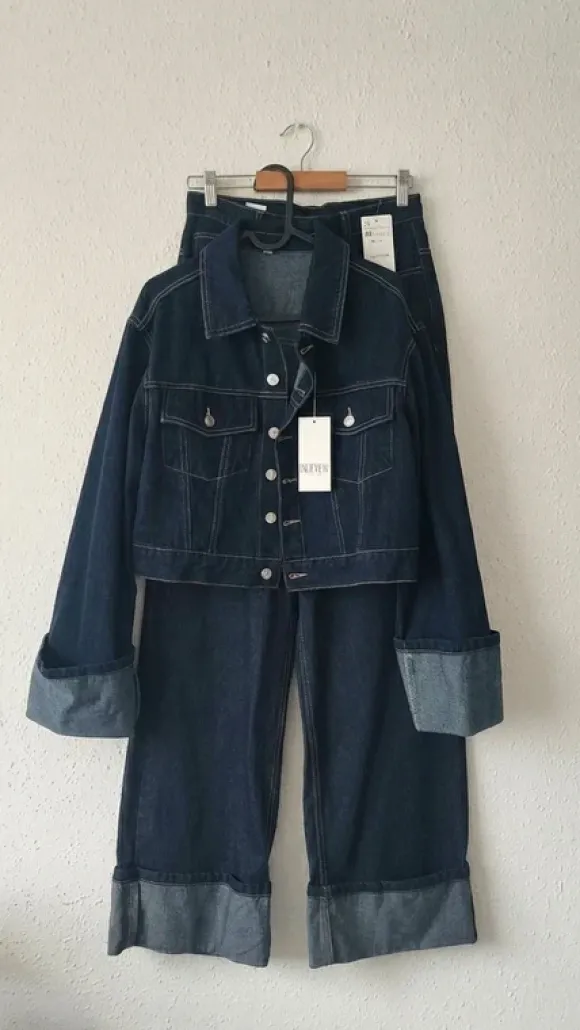 Denim Two Piece Set XS – Dark Wash Wide Leg & Jacket
