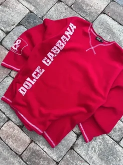 Dolce & Gabbana Fleece Pullover Bedruckt Y2K Designer 00s Herren Unisex Rot Weiß M