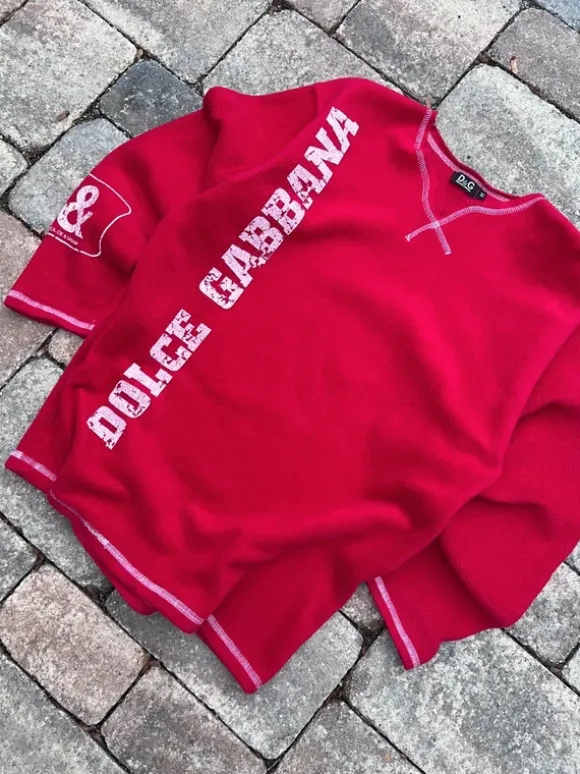 Dolce & Gabbana Fleece Pullover Bedruckt Y2K Designer 00s Herren Unisex Rot Weiß M
