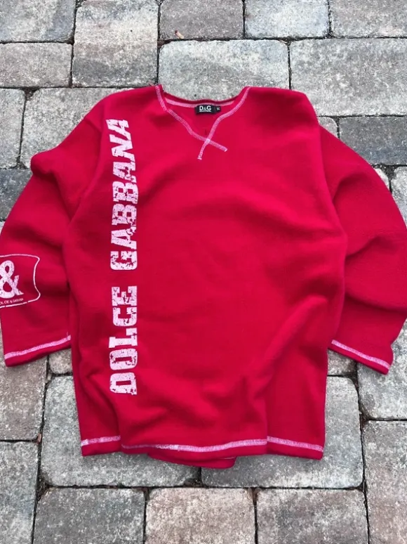 Dolce & Gabbana Fleece Pullover Bedruckt Y2K Designer 00s Herren Unisex Rot Weiß M