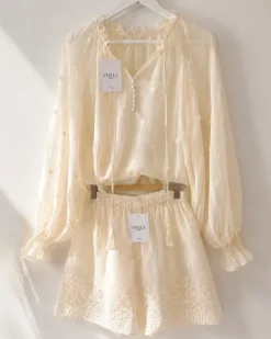 Ensemble 3 pièces blouse short broderie coton tendance