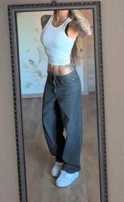 Gina Tricot perfect Damen straigt wide Leg Jeans Baggy grau schwarz 34 XS low-waist Y2K Style