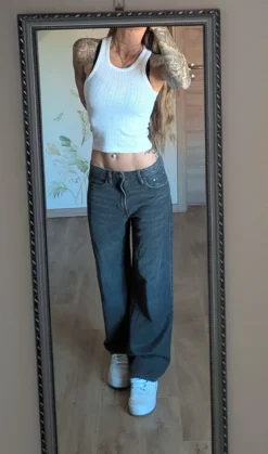 Gina Tricot perfect Damen straigt wide Leg Jeans Baggy grau schwarz 34 XS low-waist Y2K Style