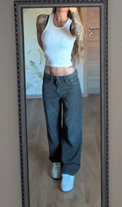 Gina Tricot perfect Damen straigt wide Leg Jeans Baggy grau schwarz 34 XS low-waist Y2K Style