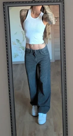 Gina Tricot perfect Damen straigt wide Leg Jeans Baggy grau schwarz 34 XS low-waist Y2K Style
