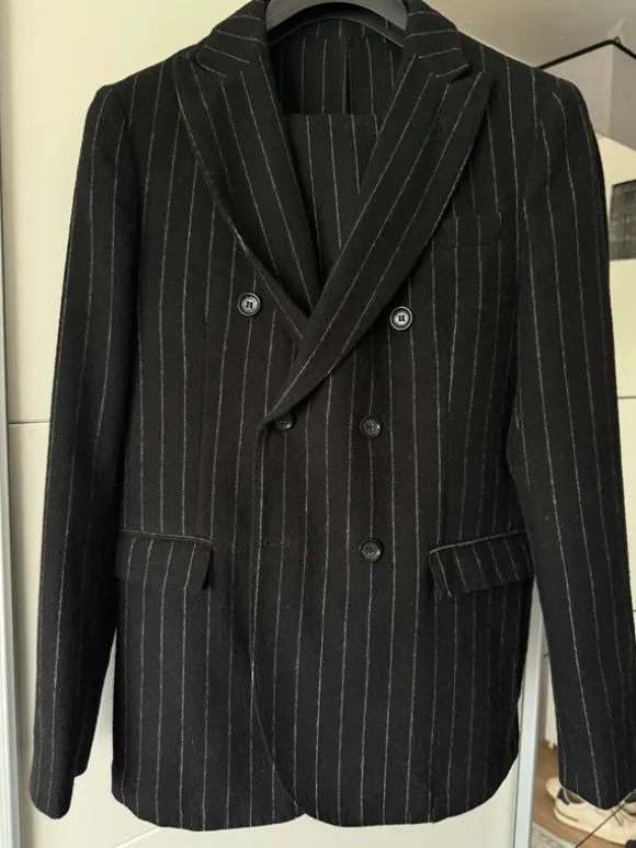 Italienischer Doppelreiher Nadelstreifen Anzug Schwarz Old Money Mafia Style Gr. M