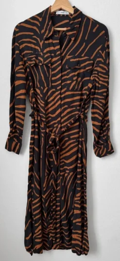 Mango Hemdblusenkleid Midi Langarm Animalprint Schwarz Braun Gr. M