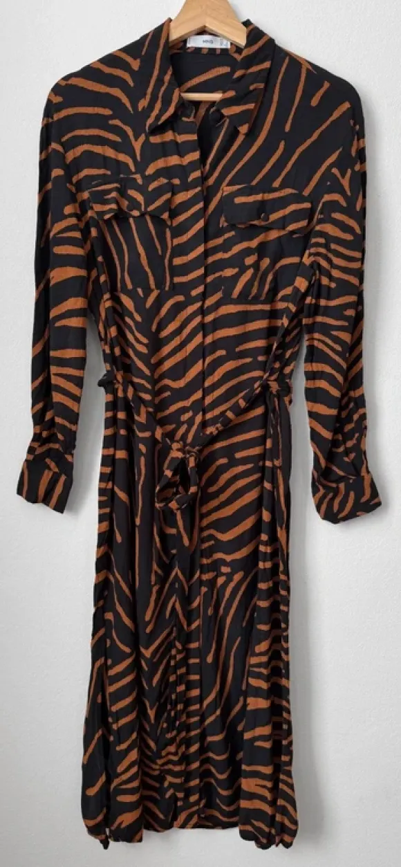Mango Hemdblusenkleid Midi Langarm Animalprint Schwarz Braun Gr. M