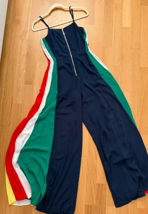 Overall jumpsuit colourblocking fließender Stoff in Größe S dunkelblau bunt butter yellow