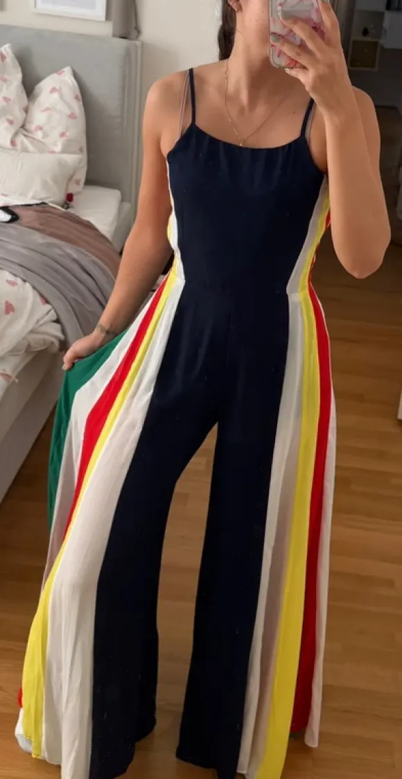 Overall jumpsuit colourblocking fließender Stoff in Größe S dunkelblau bunt butter yellow