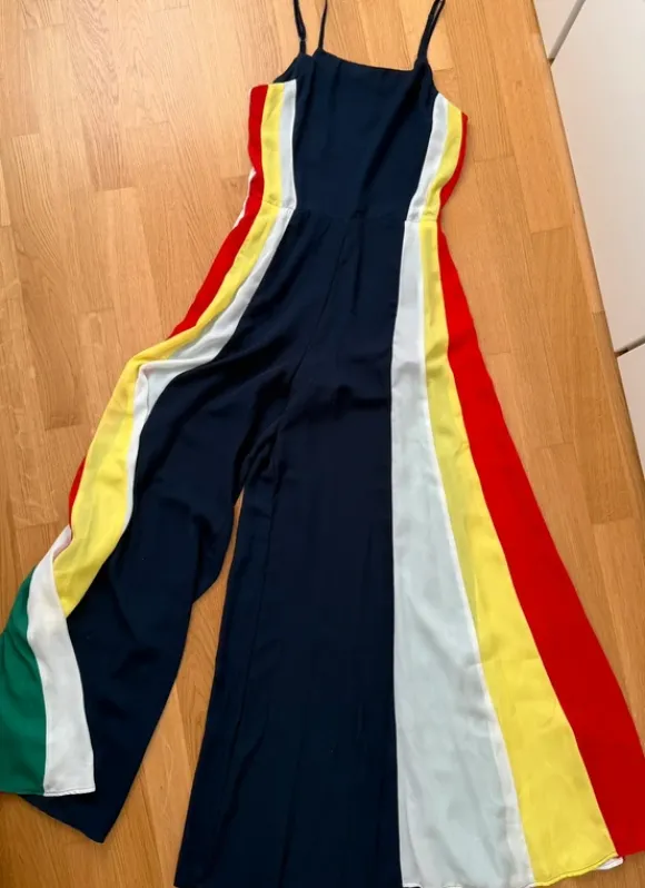 Overall jumpsuit colourblocking fließender Stoff in Größe S dunkelblau bunt butter yellow