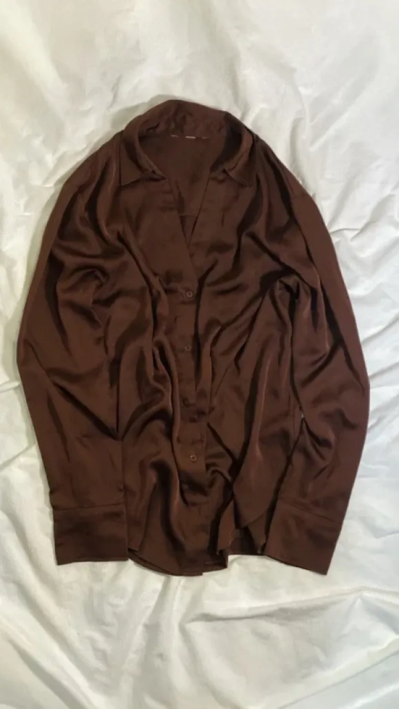 Oversized Chocolate Satin Shirt | Silk Glossy Blouse (Fits XS-M)