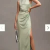 Satin Maxi-Kleid Salbeigrün