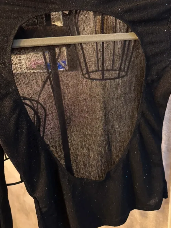 Schwarzes Glitzer Mesh Oberteil Rückenfrei S