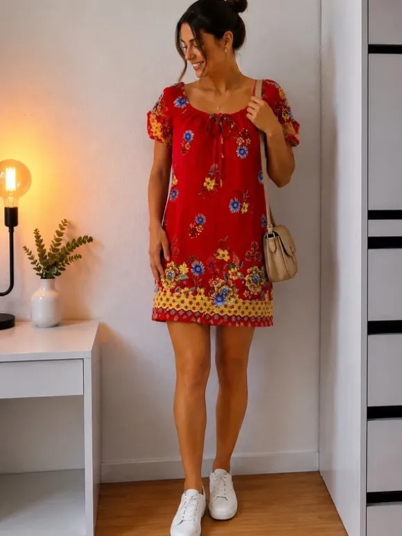 Sommerkleid rot floral Blumenmuster Off Shoulder kurzarm locker leichtes Kleid