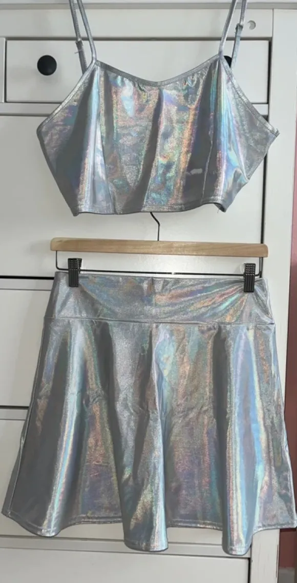 2-teiliges Outfit, holographic, Minirock + kurzes Trägertop, Gr. L/XL