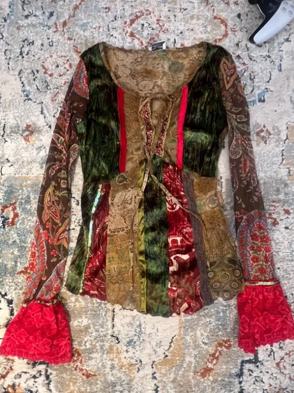 Vintage Fairycore Patchwork Velvet Lace Top