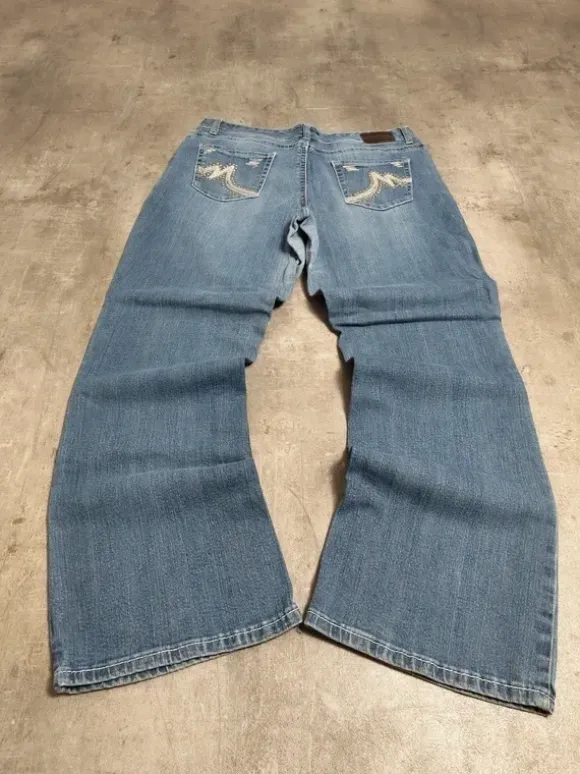 Vintage Japanese Printed Jeans | Low Waist ; Flared | Miss Me; True Religion Style | L | Blau