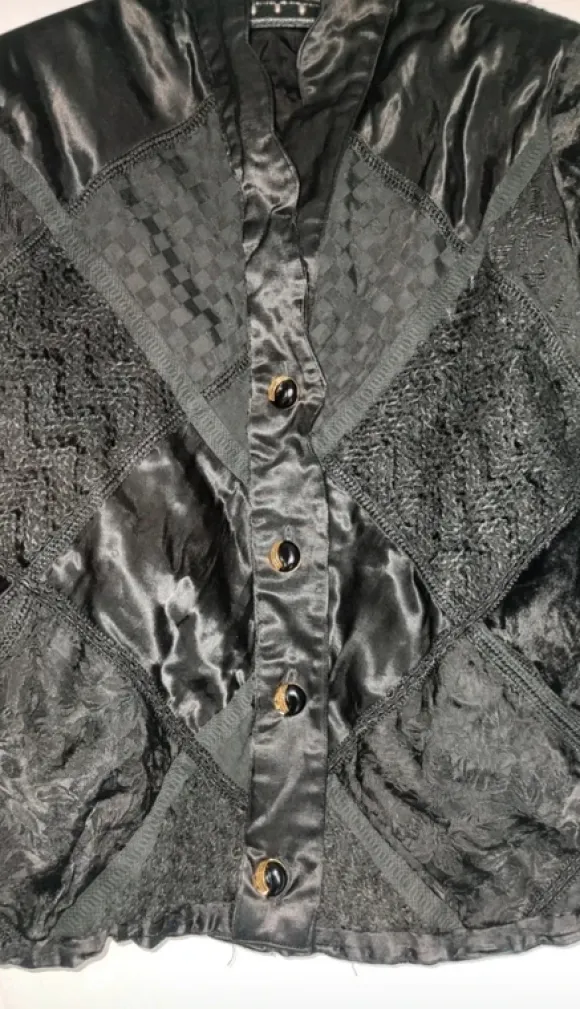Vintage Whimsi Goth Patchwork Jacke - Samt Satin Spitze Schwarz