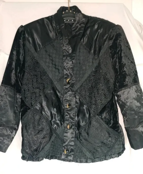 Vintage Whimsi Goth Patchwork Jacke - Samt Satin Spitze Schwarz