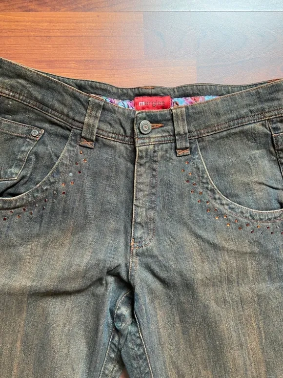 Y2K Mergler Jeans blau braun Glitzersteine 38