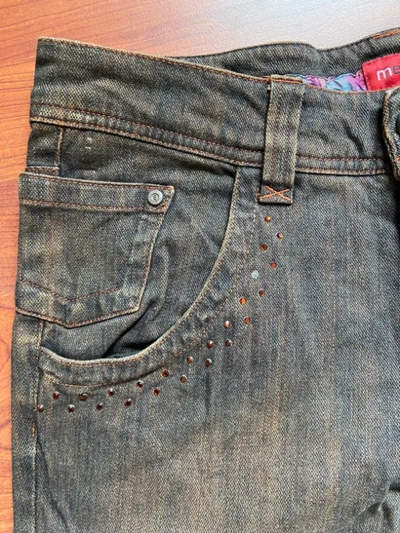 Y2K Mergler Jeans blau braun Glitzersteine 38
