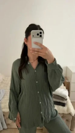 Zweiteiliges Musselin-Set in Olivgrün – Oversize Bluse & Hose